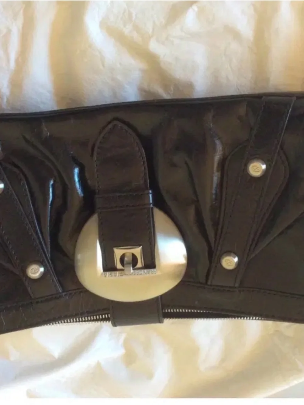 Francesco Biasia Black Patent Leather Clutch with silver -Tone Oval Lock